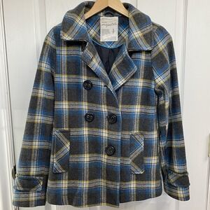 Aeropostale Women Jacket Peacoat Button Up‎ 60% Wool-Blue/Gray/Yellow/White